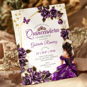 Lila gyllene tiara rosor fjäril Quinceañera Inbjudningar