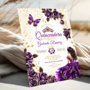 Lila gyllene tiara rosor fjäril Quinceañera Inbjudningar