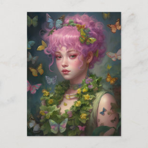 Lila Hair Flowers and Butterfly Woman Vykort