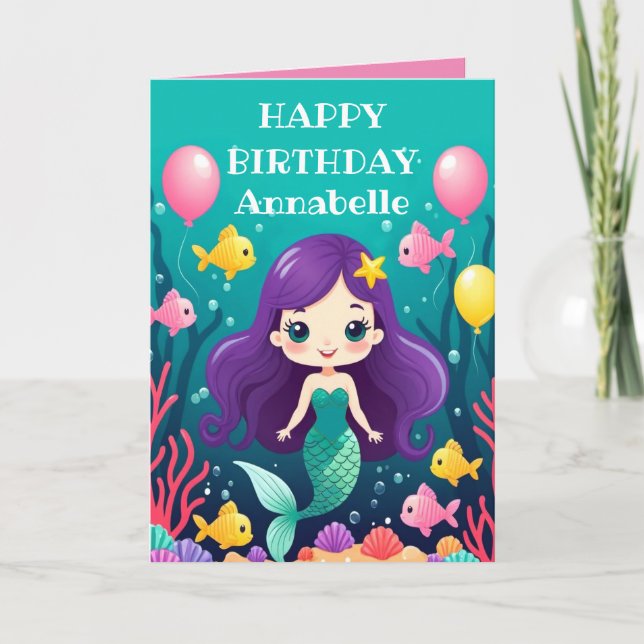 Lila Hair Sjöjungfru Birthday Personalize Kort (Framsida)