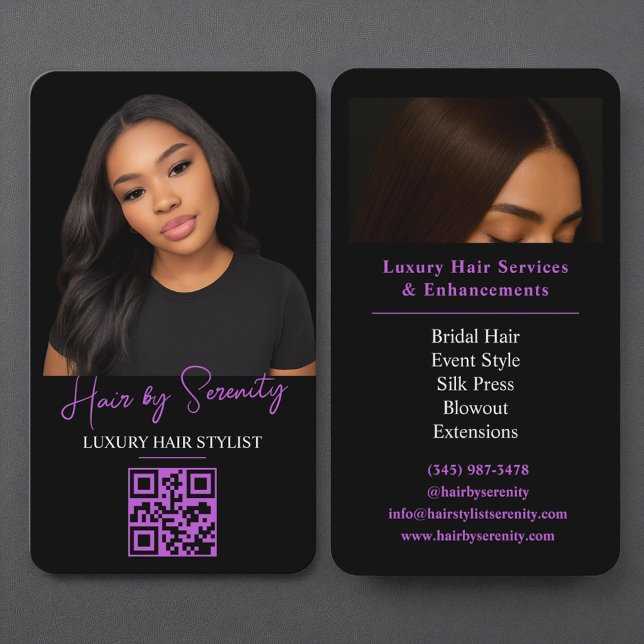 Lila Hair Stylist QR Code Luxury Black Beauty Visitkort (Skapare uppladdad)