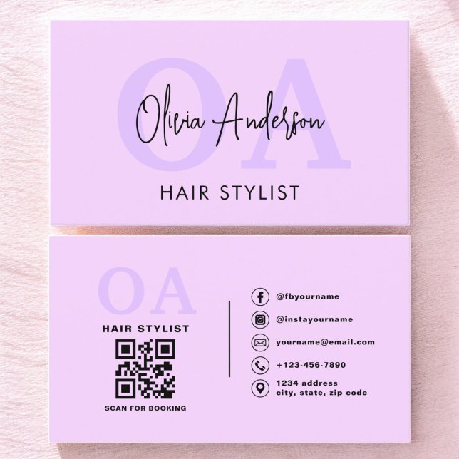 Lila Hair Stylist QR-kodmonogram Visitkort (Skapare uppladdad)