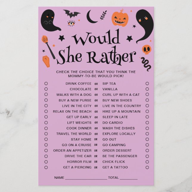 Lila Halloween Baby Shower, skulle hon hellre spel (Framsida)