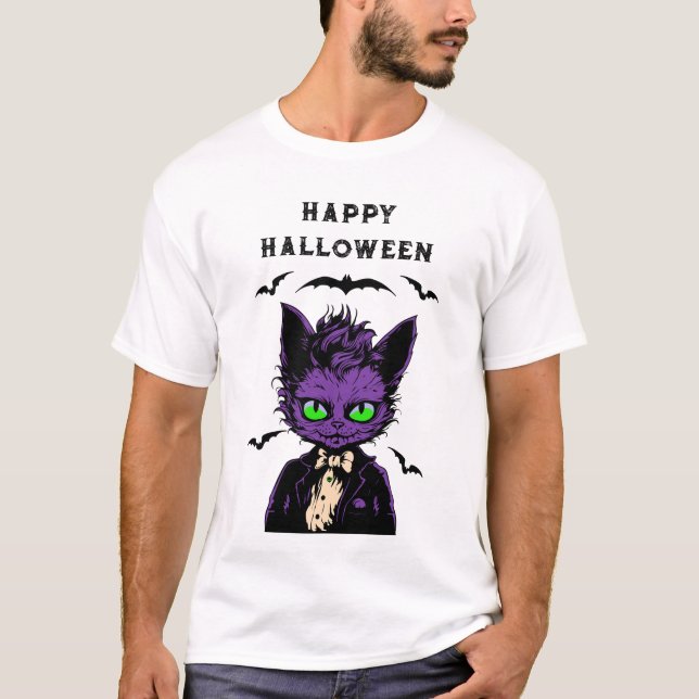 Lila Halloween Cat T Shirt (Framsida)