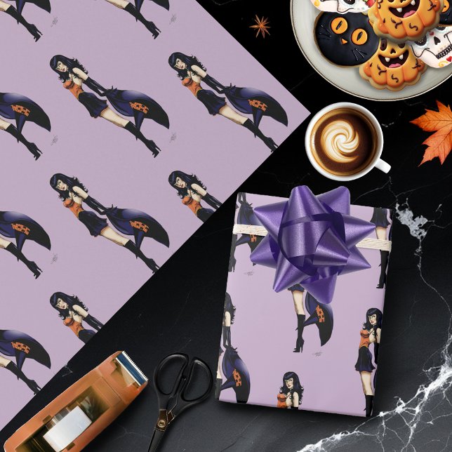 Lila Halloween Cute Witch Presentpapper (Skapare uppladdad)