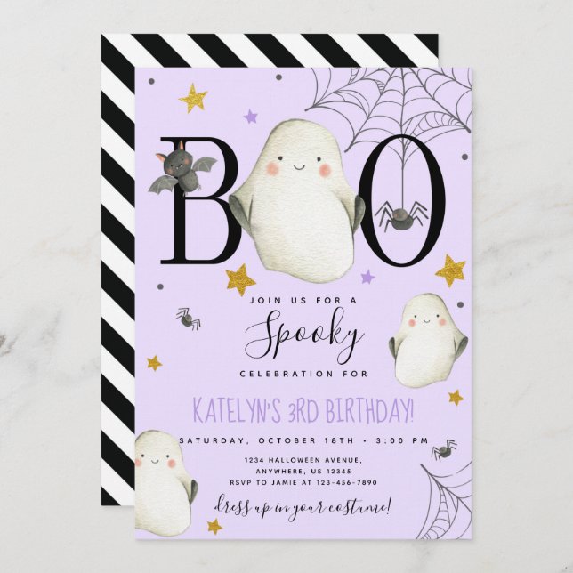 Lila Halloween-födelsedagsinbjudan Inbjudningar (Fram/baksida)