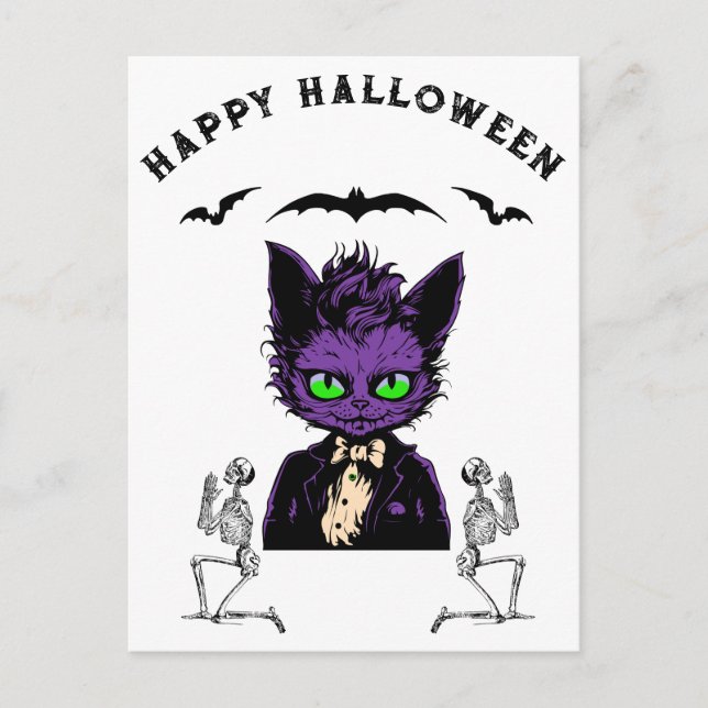 Lila Halloween-katt med fladdermöss och skelett Vykort (Framsida)