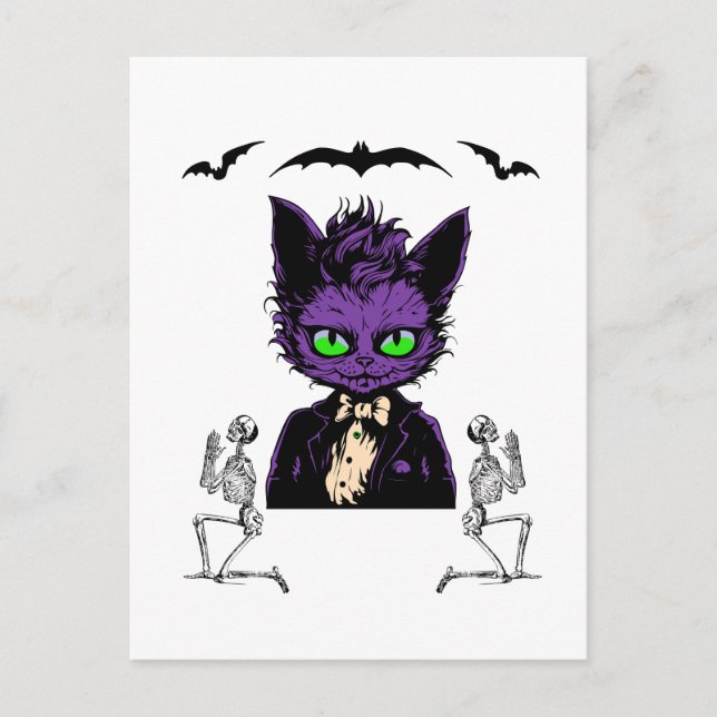 Lila Halloween-katt med fladdermöss och skelett Vykort (Framsida)