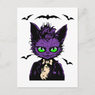 Lila Halloween-katt med fladdermöss Vykort