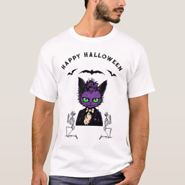 Lila Halloween Katt med Fladdermus och Skeleton T Shirt (Framsida)