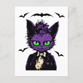 Lila Halloween Katt med Fladdermus Vykort