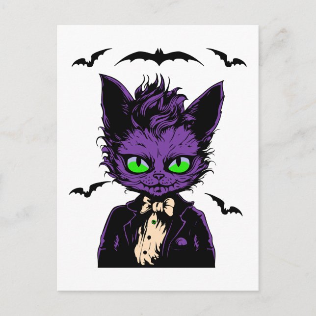 Lila Halloween Katt med Fladdermus Vykort (Framsida)