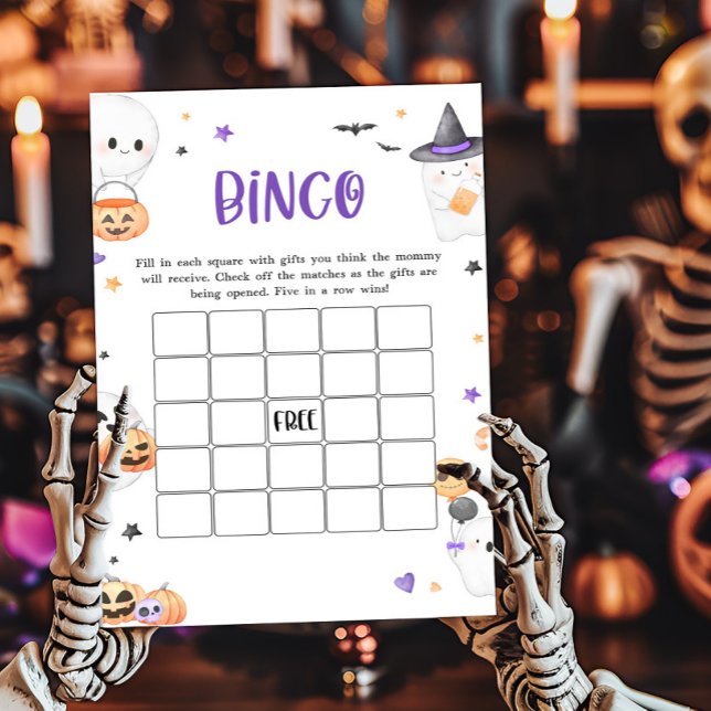Lila Halloween Little Boo Baby Shower Bingo Game (Baby is Brewing Baby Shower Bingo Game)