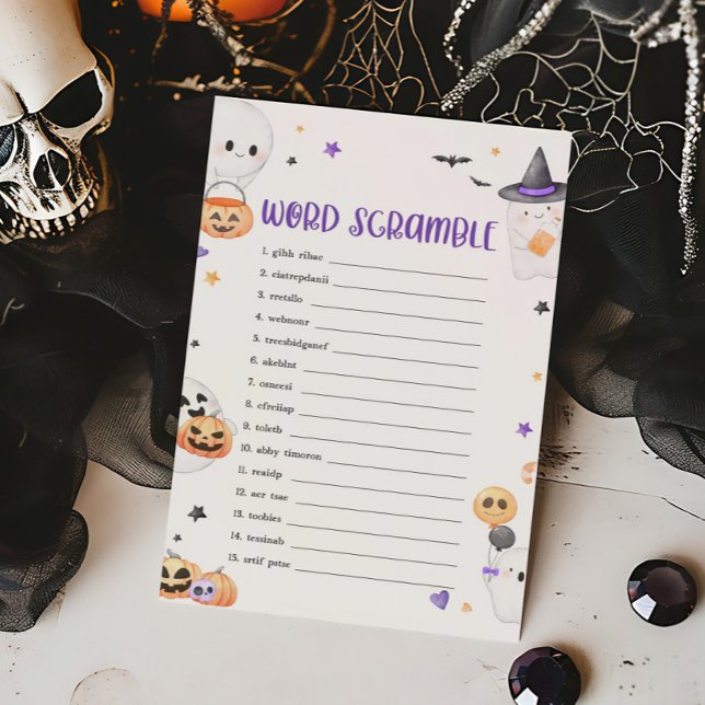 Lila Halloween Little Boo Ord Scramble Game (Baby is Brewing Baby Shower Word Scramble Game)