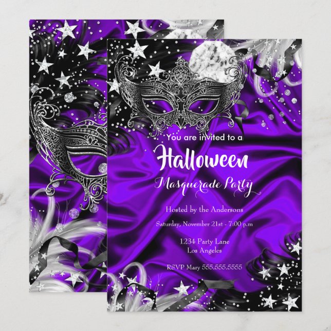 Lila Halloween Magisk Natt Maskerad Fest Inbjudningar (Fram/baksida)