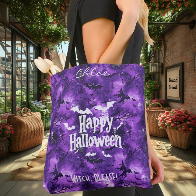 Lila Halloween med flygande fladdermöss och häxor Tygkasse (Skapare uppladdad)