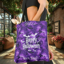 Lila Halloween med flytande Fladdermus och vitcher Tygkasse