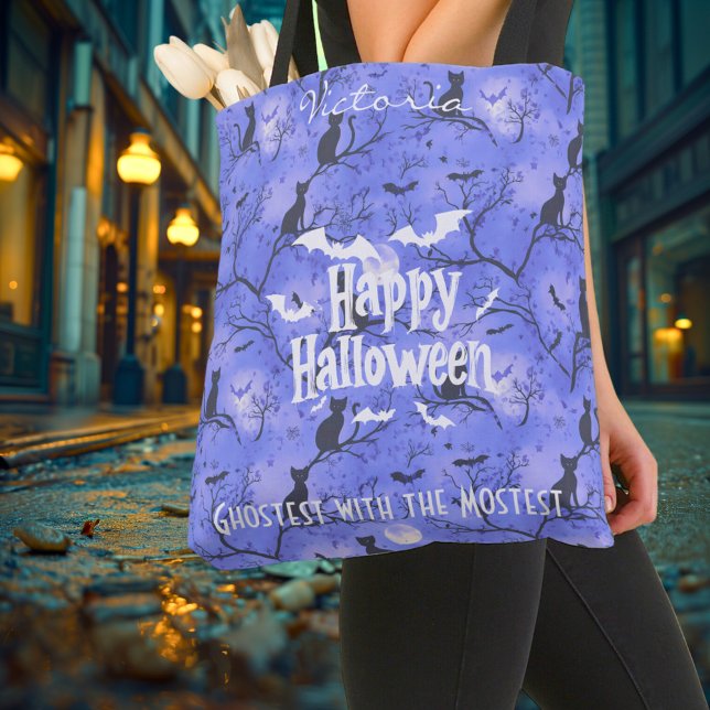Lila Halloween med svarta katter och fladdermus Tygkasse (Skapare uppladdad)