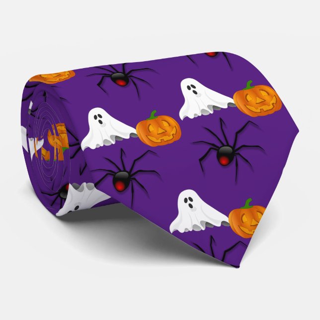 Lila Halloween Mönster Spök Spindel Pumpa  Slips (Rullad)