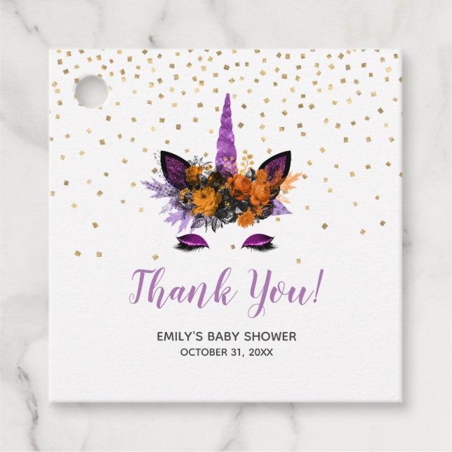 Lila Halloween Unicorn Baby Shower Tack Gåvor Etiketter (Framsida)