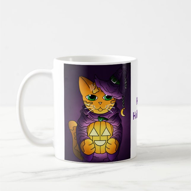 Lila Halloween Witch Cat Kaffemugg (Vänster)
