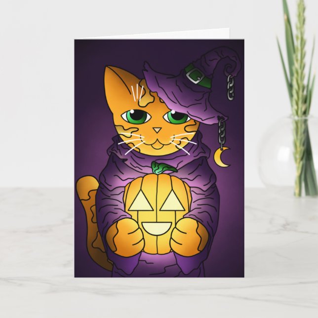 Lila Halloween Witch Cat Kort (Framsida)