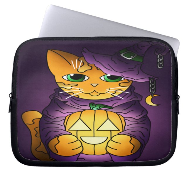 Lila Halloween Witch Cat Laptop Fodral (Framsidan)