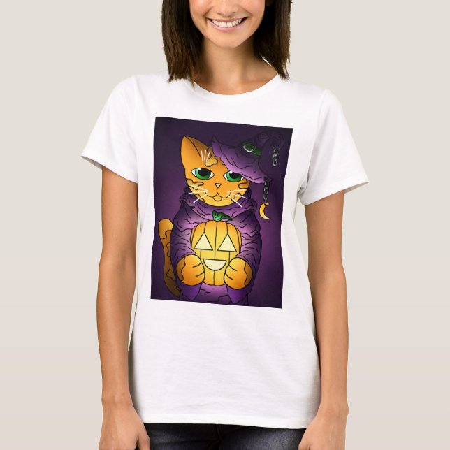 Lila Halloween Witch Cat T Shirt (Framsida)