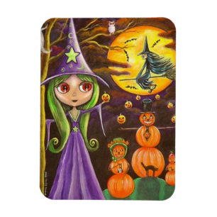 Lila Halloween Witch Juggling Pumpkins Big Ögon Magnet