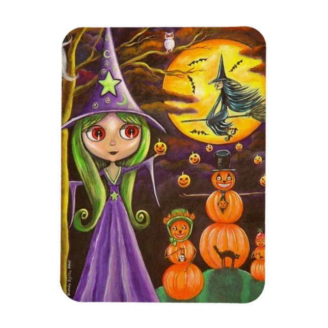Lila Halloween Witch Juggling Pumpkins Big Ögon Magnet (Vertikal)