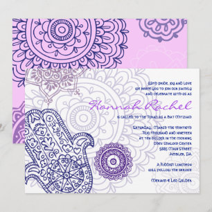 Lila HAMSA HAND of GOD Bat mitzvah Call Inbjudningar