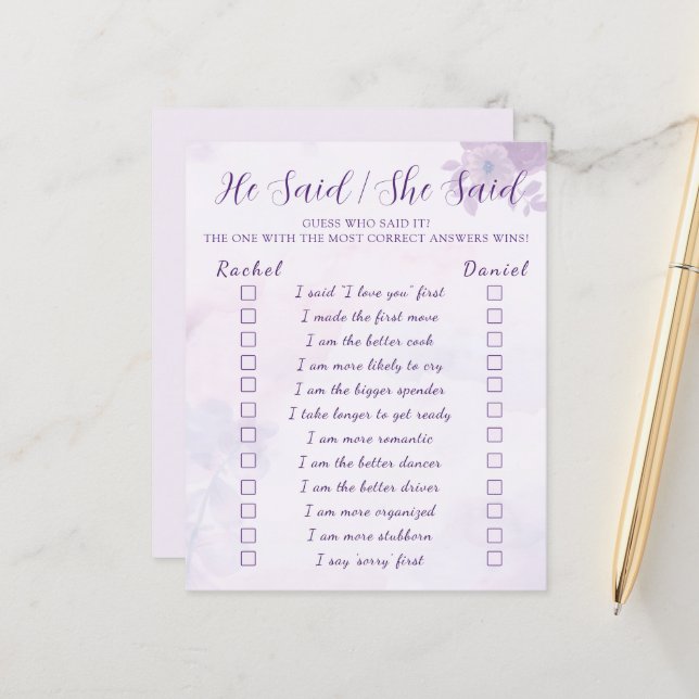 Lila Han sa Hon sa Bröllopsduschspel (Fram/Back In Situ)