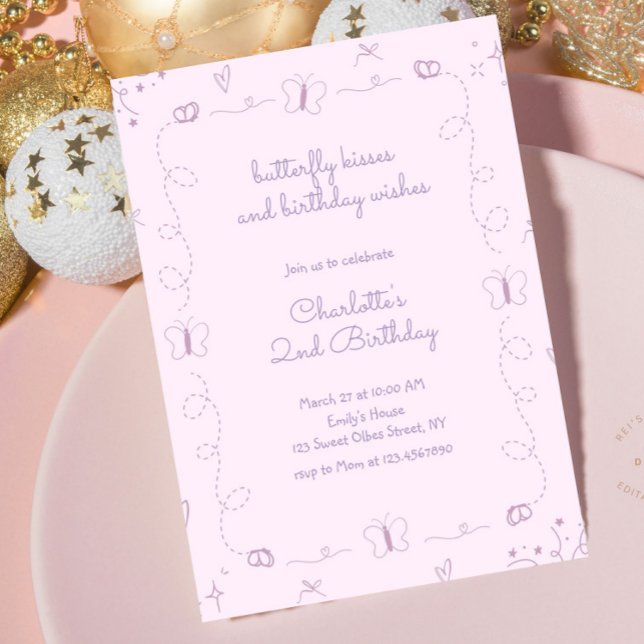 Lila Hand plockade Butterfly Birthday Whimsical Inbjudningar (Purple Butterfly Birthday Invitation, Whimsical Butterfly Birthday, Hand drawn Butterflies, Handwrit)