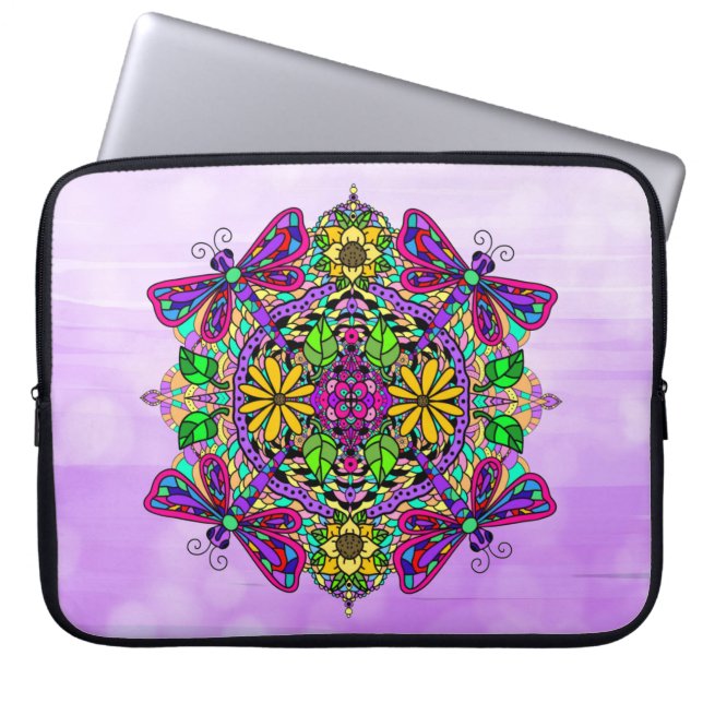 Lila Hand plockade Dragonfly Mandala Laptop Fodral (Framsidan)