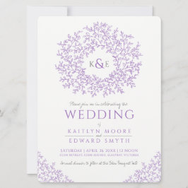 Lila hand plockade löv monogram art bröllop inbjudningar