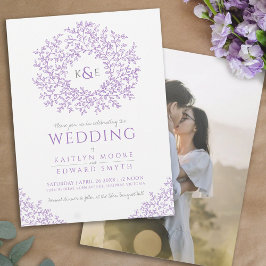 Lila hand plockade löv monogram art bröllop inbjudningar