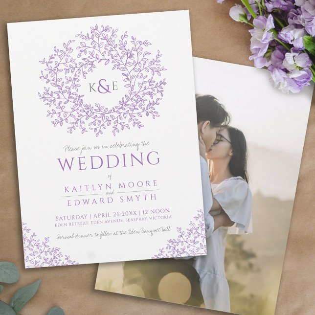 Lila hand plockade löv monogram art bröllop inbjudningar (Skapare uppladdad)