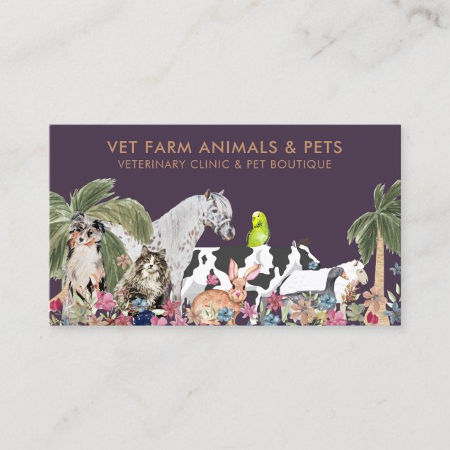 Lila Handflatan Träd Farm Animal Cat Hund Bird Pet Visitkort (Framsida)