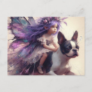 Lila hår älva ridande på Boston Terrier fantasi Vykort