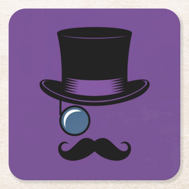 Lila Hat Monocle Mustache Underlägg uppsättning Papper Kvadrat (Framsidan)