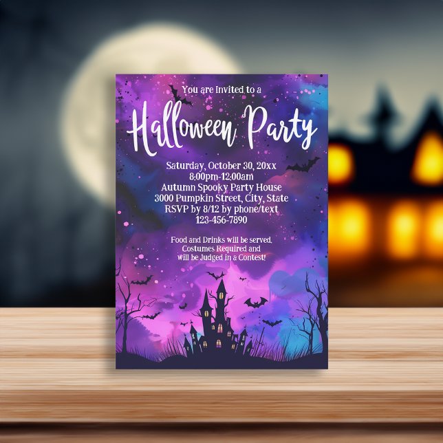 Lila Haunted House Bläck Halloween fest Inbjudningar (purple haunted house invitation)