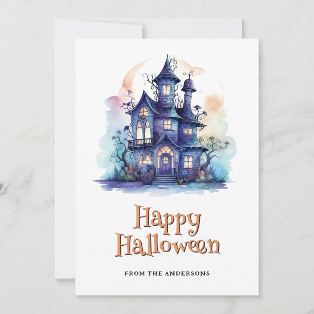 Lila Haunted House Ghost Pumpkin Halloween Card Julkort (Framsida)
