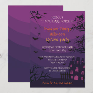 Lila Haunted House Halloween Costume Party Inbjudningar