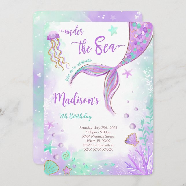 Lila Havfrue Födelsedagsinbjudan Inbjudningar (Fram/baksida)