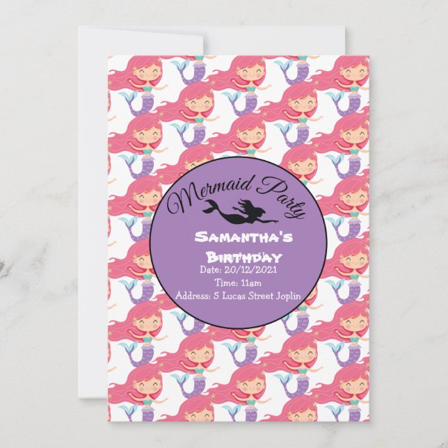 Lila Havsfruparty Rosa Inbjudan (Framsida)