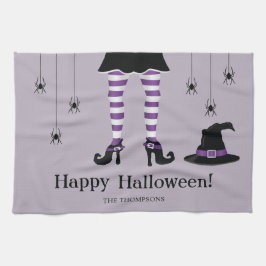 Lila Häxben Med En Hatt Och Spindlar Halloween Kökshandduk