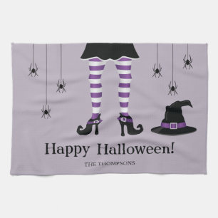 Lila Häxben Med En Hatt Och Spindlar Halloween Kökshandduk