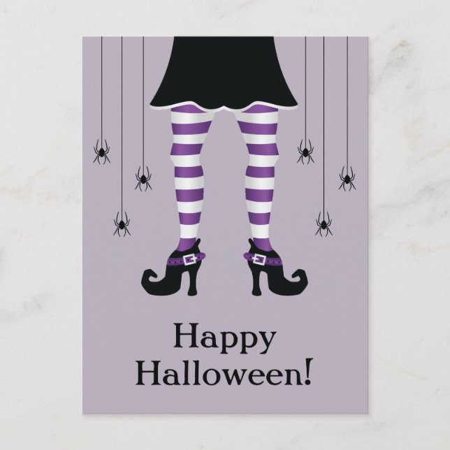 Lila Häxben Och Spindlar Glad Halloween Text Vykort (Framsida)