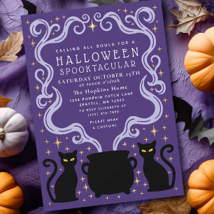 Lila Häxlik Svart Katt Kittel Halloweenfest Inbjudningar