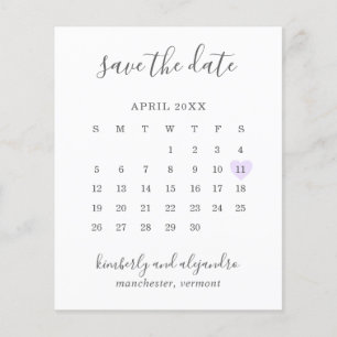 Lila Heart Calender Budget Bröllop spara datum Flygblad